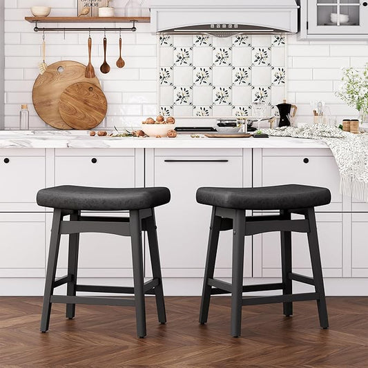 ALPHA HOME Black Bar Stools Set of 2, Solid Wood Saddle Kitchen Island Stools with PU Leather Cushion Backless Counter Height Barstools with Wooden Base for Kitchen Dining Cafe, 24 Inch, Black, 2PCS