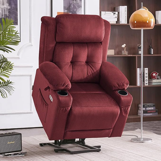 MCombo Medium Triple Motor Power Lift Recliner Chair with Massage and Heat for Elderly People, Adjustable Headrest, Infinite Position, USB Ports, Fabric 7661 (Burgundy, Medium)
