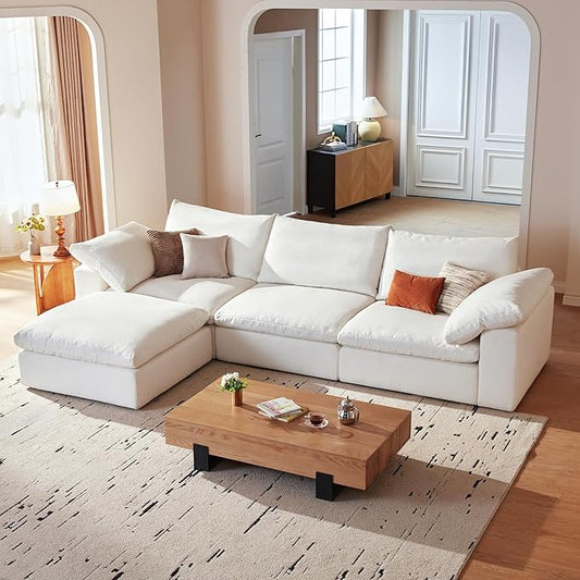 Modular Cloud Sofa, 110.2" Cloud Sectional Couches with Deep Seat, L-Shape 3-Seat Couch with Ottoman for Living Room, Modern Comfy Couch with Washable Cover, Wide Armrest (White,1 Ottoman)