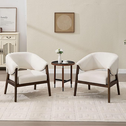Mid-Century Modern Accent Chair Set of 2, Comfy Barrel Armchair Living Room Chair for Bedroom, Upholstered Lounge Chairs for Reading Nook Office, White Chenille, Wood Legs