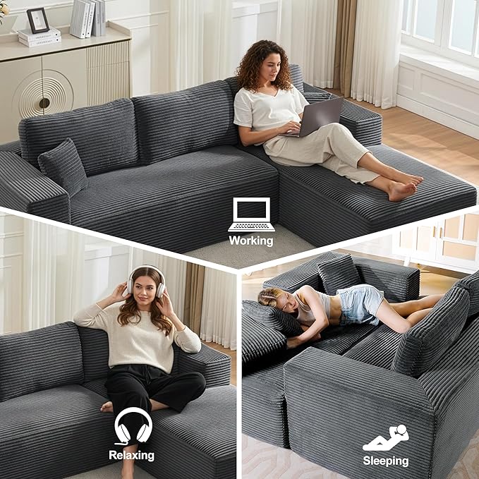 Modular Sectional Cloud Couch for Living Room,Modern Boneless Couche Set with Plush Corduroy,Comfy Floor Sofa with Memory Foam,Stupendous U Shaped Sofa,No Assembly Required,Grey