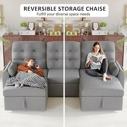 Ucloveria Sleeper Sofa Bed, 86" Convertible Sectional Sofa Couches for Living Room, Pull Out Couch Bed with Reversible Storage Chaise | USB Ports | Side Pockets | Removable Backrest