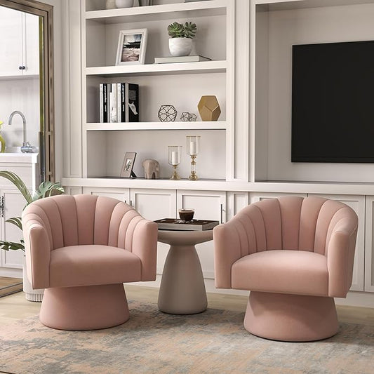 Swivel Accent Chair Set of 2, Upholstered Velvet 360° Swivel Barrel Chair for Living Room Overstuffed Bouncle Reading Chair Round Armchair for Bedroom,Vanity,Office (Pink)