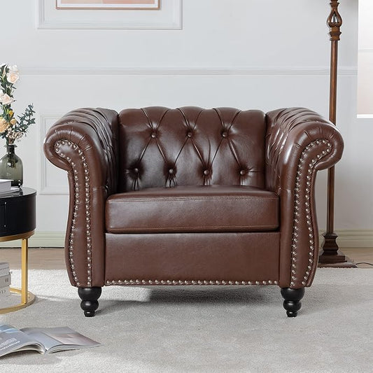 LEVNARY Leather Chesterfield Chair, Mid-Century Modern Single Sofa Chair, Tufted Upholstered Rolled Armchair for Home Bedroom Reading Room (Dark Brown)