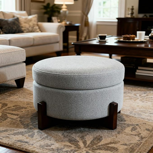 modscape 24-Inch Large Round Chenille Storage Ottoman Coffee Table Upholstered Velent Ottoman Table for Living Room Soft Tufted Circle Boucle Ottoman with Lift-Off Lid X-Base (Gray, 24in-X-Base)