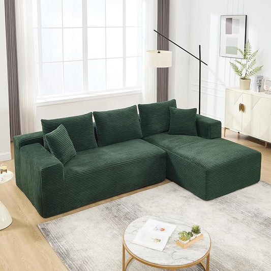 PELUMY 108.7" L-Shaped Modular Sectional Sofa with Oversized Chaise, Cloud Couch with Memory Foam, No Assembly Required Sleeper Sofa for Small Space Living Room, Apartment (Green, Corduroy)