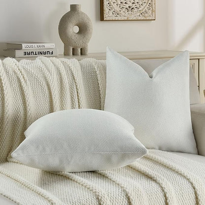 FUTEI Cream White Chenille Throw Pillow Covers 18x18 Inch Set of 2,Soft Wide Chevron Textured Cushion Case,Farmhouse Home Decor for Couch Bed Living Room