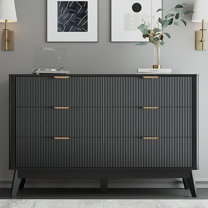 Fluted Dresser for Bedroom,49.6'' Modern Wooden Dresser with 6 Drawers, Bedroom Dressers, Natural Wood Chest of Drawers for Living Room, Hallway (Black)