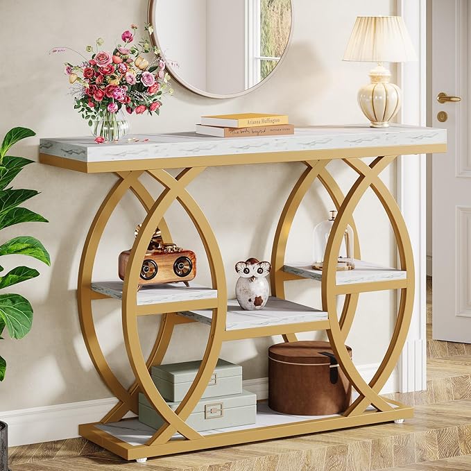 Tribesigns 39.4" Console Table, Industrial 4-Tier Sofa Table Entryway Table with Storage Shelves, Narrow Wood Accent Tables with Metal Frame for Small Spaces, Hallway, Foyer, White Gold