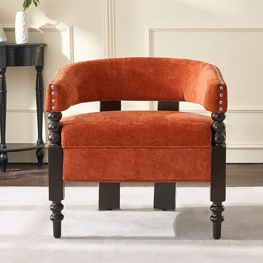 LOULENS Barrel Accent Chair, Vintage Chenille Upholstered Lounge Chair with Solid Wood Legs, Comfy Leisure Side Armchair for Living Room, Bedroom, Reading Nook, Corner, Orange