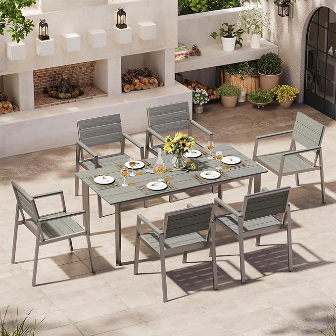 67" Rectangle HDPS Patio Dining Table, Aluminum Outdoor Patio Dining Table with Umbrella Hole, Weather-Resistant for Lawn, Garden, Yard, Poolside and Indoor Use, Silver & Gray