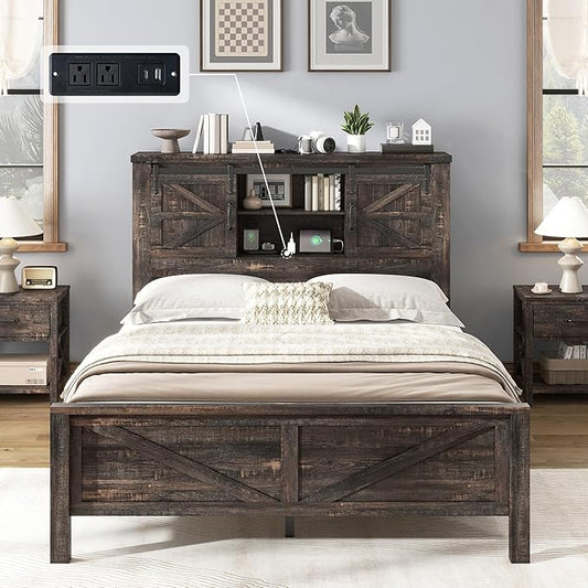 AMERLIFE Farmhouse Full Bed Frame with Storage Headboard & Charging Station, Rustic Wood Platform Bed with Barn Door Bookcase, No Box Spring Needed, Dark Oak Bedroom Furniture