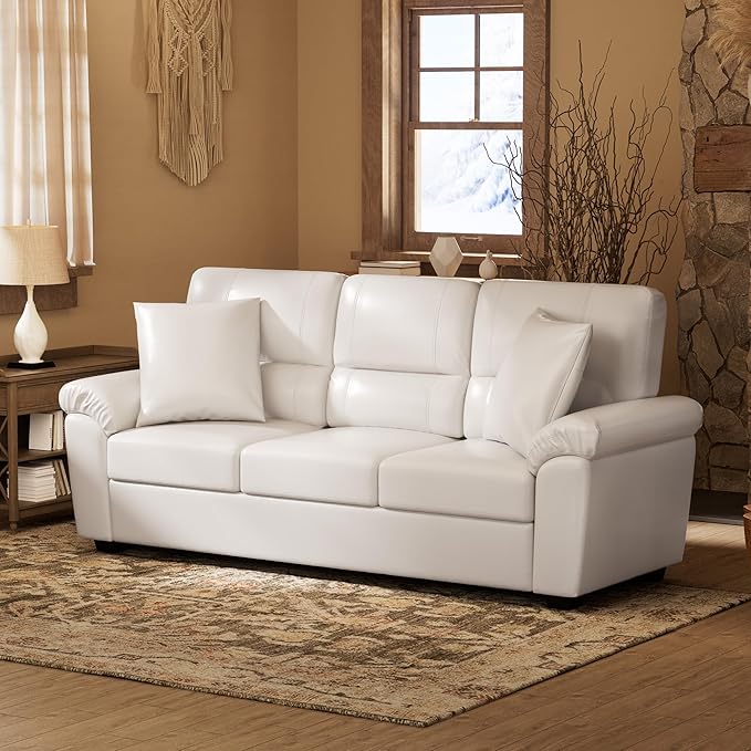 Morden Fort Faux Leather Sofa Couch, Modern Luxury Furniture with Removable and Easy to Clean Cushions, Skin-Friendly Wide Arm Comfy 3 Seater Couch for Living Room Apartment Office Lounge, White