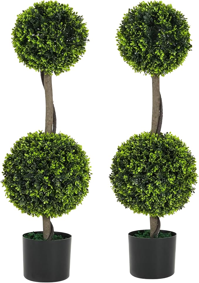 Christopher Knight Home Alene Set of 2 34''H Pre-Potted Artificial Tree Indoor, Artificial Topiary Boxwood Tree Double Ball with Pot, Faux Tree with Natural Wood Trunk with Black Plastic Pot, Green