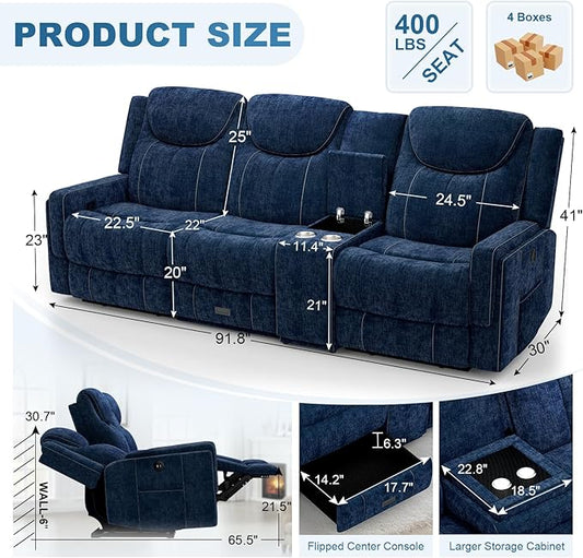 Recliner Sofa, 2 - Way Multi - Function Manual 3 Seater Couch with Cup Holders, Storage & USB Ports, Modern Multifunctional Sofa, Cloud-Like Blue Fabric Reclining Couch for Living Room