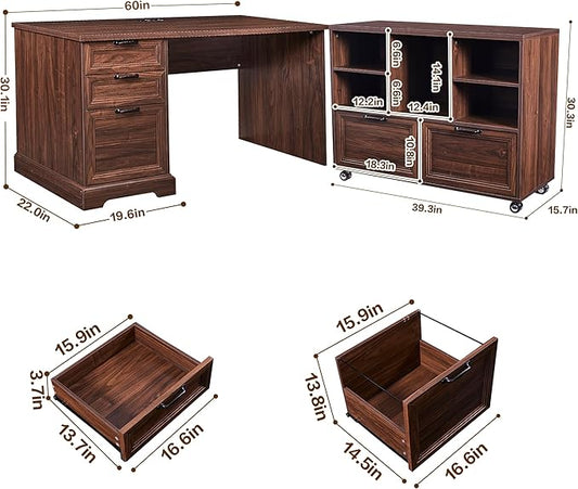 60" L-Shaped Executive Desk with 40" File Cabinet,Farmhouse Home Office Desk with Charging Station,Wood Computer Desk Set for Office Work,Home Study (Brown)