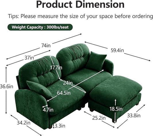 74" Loveseat L Shaped Sofa with Ottoman, Comfy Chenille Fabric Cloud Sectional Couch, Modern Upholstered Deep Seat Sofa with Armrest Pillow, Cloud Couch for Small Spaces Apartment, Green