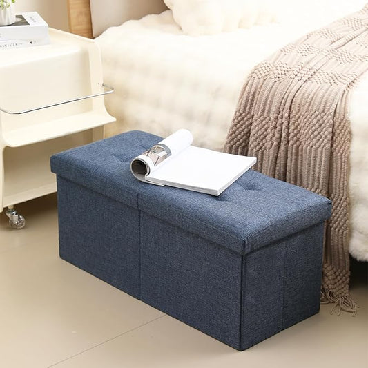 CUYOCA Storage Ottoman Bench Foldable Seat Footrest Shoe Bench End of Bed Storage with Flipping Lid, 75L Storage Space, 30 inches Linen Fabric Navy