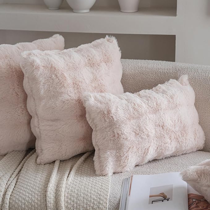 Neelvin Beige Faux Fur Cozy Soft Double-Sided Decorative Throw Pillow Covers 12x20 inch Set of 2,Velvet Pillowcase Cushion Case for Sofa Couch