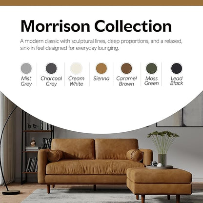 SIMPLIHOME Morrison Mid-Century Modern 72 inch Wide Sofa with Ottoman Set in Sienna Genuine Leather for the Living Room and Family Room
