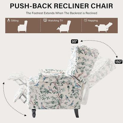 UIXE Pushback Floral Recliner Chairs Set of 2, Fabric Upholstered Armchair Push Back Accent Chair for Living Room, Rivet Trim Club Chair Home Theater Single Sofa Bedroom Side Reading Seat - Bird