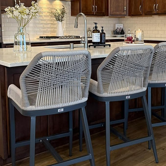 PURPLE LEAF 2 Pieces Counter Height Bar Stools Patio Boho Rattan Barstools Aluminum Woven Bar Chairs with Cushions for Outdoor Kitchen Island Garden