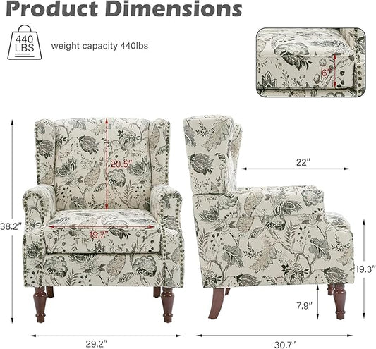 UIXE High Back Floral Accent Chair, Fabric Upholstered Armchair for Living Room, Retro Printed Wingback Arm Chair Nailhead Trim Single Sofa Bedroom Reading Seat - Beige Plants