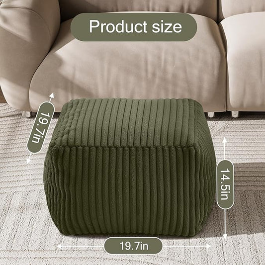 MeMoreCool Square Stuffed Pouf Ottoman Foot Rest, Stripe Furry Floor Pouf Foot Stool with Foam Chunk Filling, Soft Fluffy Stuffed Ottoman Footrest for Living Room, Faux Fur Green