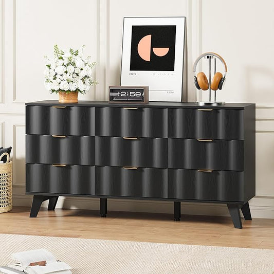 9 Drawer Dresser, Modern Fluted Storage Dresser with Deep Drawers and Metal Handles, Wood Chest of Drawers Storage Organizer for Bedroom, Living Room, Hallway (Black)