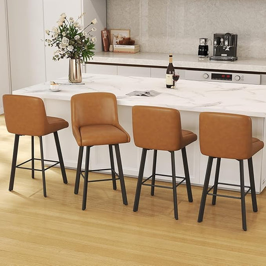 Swivel Counter Height Bar Stools Set of 4, 30''H Upholstered Barstools with Backs, Modern Bar Stool Chairs for Kitchen Island, Metal Legs, Faux Leather, Whiskey Brown Stools Counter Chair