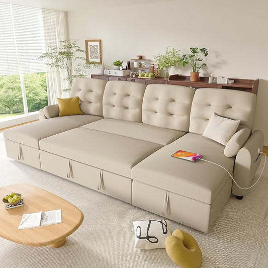 Ucloveria Sleeper Sofa Bed, 112" U Shaped Sectional Sofa Couches for Living Room, Pull Out Couch Bed with Dual Reversible Storage Chaise | Charging Station | Side Pockets | Removable Backrest