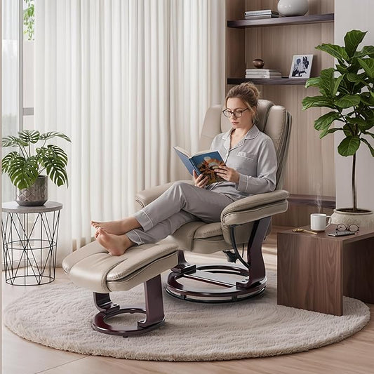 Argus Swivel Recliner with Ottoman, PU Leather & Wood Base Reclining Chair with Footrest, Ultra-Plush Double Foam for Living Room, Bedroom and Office
