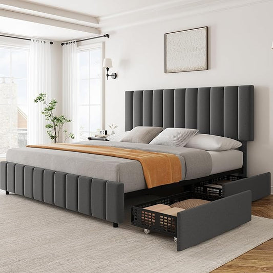 Garvee King Size Bed Frame with 4 Storage Drawers, Adjustable Height Headboard, Linen Upholstered Platform Bed Frame, No Box Spring Needed, Easy Assembly, Grey