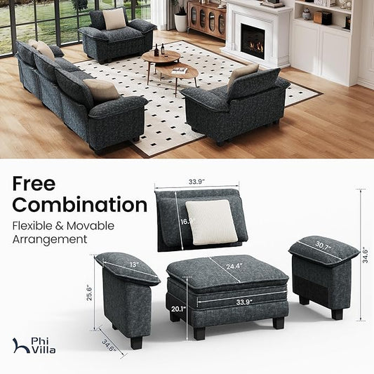 PHI VILLA Cloud Modular Couches Sets, 3 Pieces Large Sectional Sofa Set with Single Sofa, 5-Seater Upholstered Couch for Living Room, Chenille Fabric, Dark Cyan