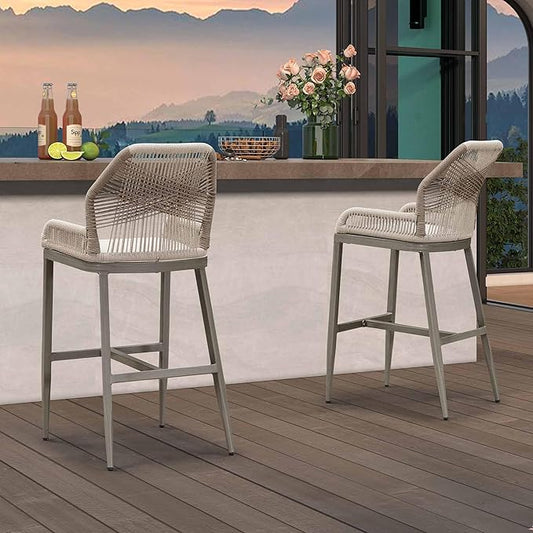 PURPLE LEAF 2 Pieces Bar Stools Patio Modern Rattan Barstools Aluminum Woven Tall Bar Chairs with Cushions for Outdoor Kitchen Island Garden