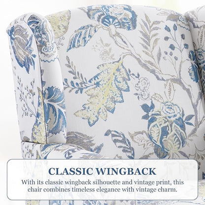 HUIMO Living Room Chair Upholstered High Back Armchair Retro Printed Wingback Chair in Linen for Bedroom & Study Comfy Accent Sofa Chair Reading Chair Holds 300lbs (Navy Blue) (2, Blue Floral-2PCS)
