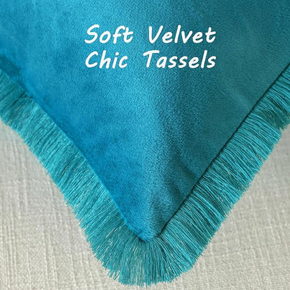 FUTEI Teal Velvet Decorative Throw Pillow Covers 24x24 Set of 2,Soft Cozy Edge with Tassels European Cushion Case,Boho Modern Home Decor for Couch Bed Living Room