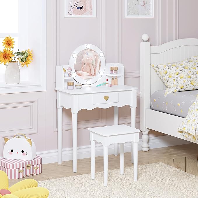 UTEX Kids Vanity, Girls Vanity Set with Mirror and Stool and Lights, Kids Vanity Table and Chair Set,Wooden Princess Makeup Desk Dressing Table, White