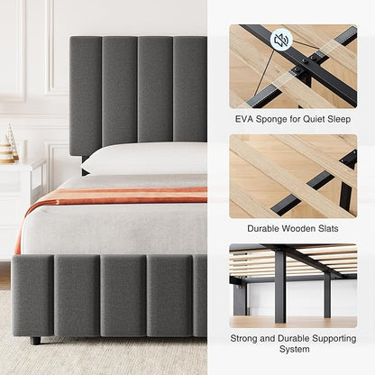 Garvee Full Size Bed Frame with 4 Storage Drawers, Adjustable Height Headboard, Linen Upholstered Platform Bed Frame, No Box Spring Needed, Easy Assembly, Grey