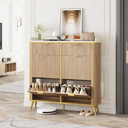 Fluted Shoe Storage Cabinet with 4 Flip Drawers & 2 Drawers, Freestanding Hidden Shoe Organizer with Adjustable Shelves, Wood Narrow Shoe Rack Cabinet for Entryway, Foyer, Hallway, Natural Oak