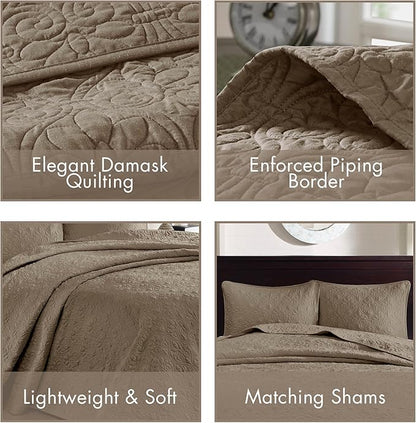 Madison Park Quebec Reversible Quilt Set Damask Design, Double Sided Stitching All Season, Lightweight Bedspread Bedding Set, Matching Sham, Khaki, King(120"x118") 3 Piece