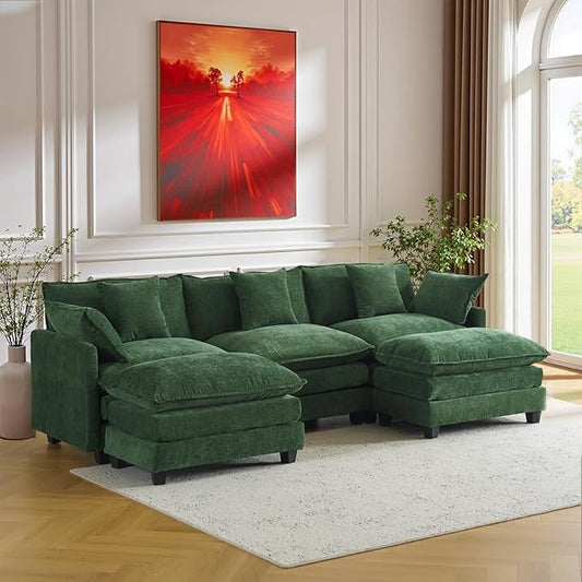 Expandable Modular Sectional Sofa with Ottoman, 111.4" Cloud Chenille U-Shape Couch, Reversible Chaise & 2nd Ottoman for Large Spaces, Deep Seat, Solid Wood Frame