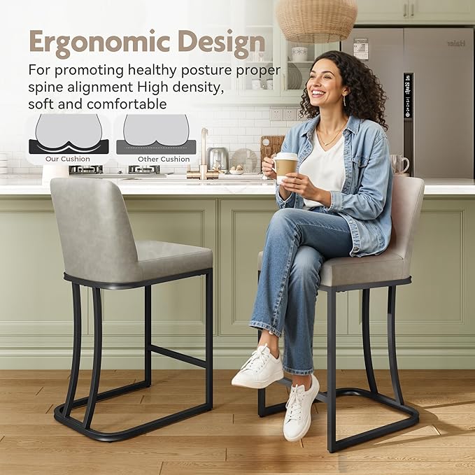 MAISON ARTS Counter Height Bar Stools with Back Set of 3 for Kitchen Counter, 24 Inch Modern Upholstered Faux Leather Barstools Farmhouse Bar Chairs Luxury Island Stools Support 330LBS, Light Grey