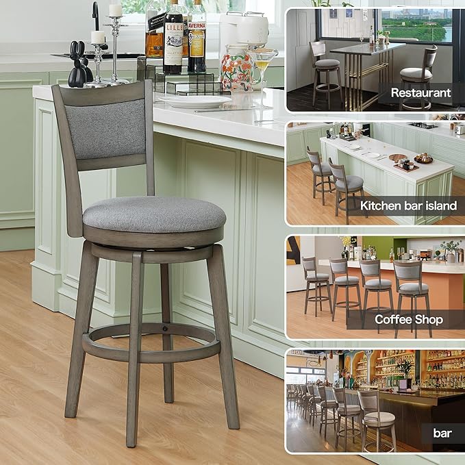PrimeZone Swivel Bar Stools Set of 8, 26 Inch Counter Height Barstools, High Back Bar Stool with Solid Wood Legs & Wrap-Around Footrest, Counter Stools for Kitchen Island, Pub, Grey
