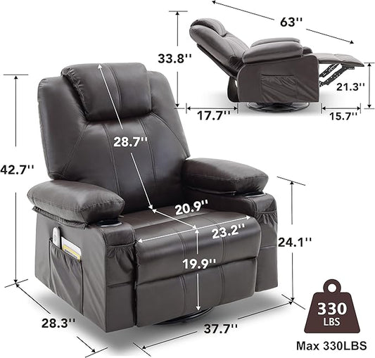 Oversized Swivel Rocker Recliner Sofa Chair with Heat and Massage, 360 Degree Swivel Single Sofa with Cup Holders and USB Port, Big Recliner Chair for Living Room(Leather, Chocolate Brown)