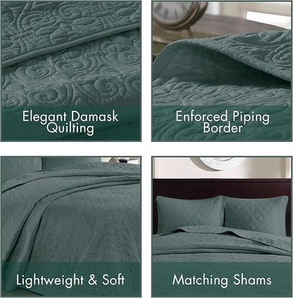 Madison Park King Bedspread Set Reversible Damask Quilted Oversized Coverlet, Cotton-Filled Quilts Oversized, All Season, Lofty & Warm Bedspread, Quebec, Balsam Green 3 Piece
