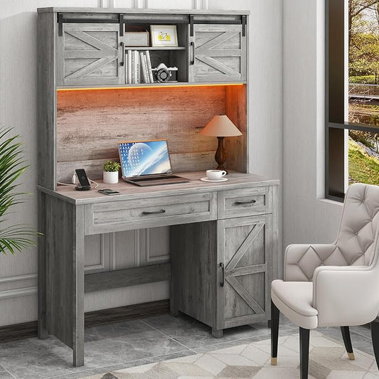 Vabches Farmhouse 47" Executive Desk, Computer Desk with 2 Drawers, LED Light and Storage Cabinet, Home Office Desk with Hutch, Charging Hub, Workstation for Home Office and Study.Grey