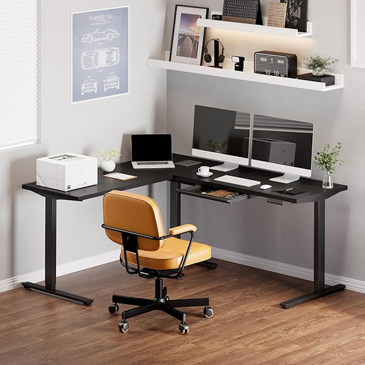 SANODESK L Shaped Electric Standing Desk with Drawer, 71 Inch Ergonomic Adjustable Height Desk with Storage, Corner Desk Sit Stand up Computer Table for Work Office Home, Black
