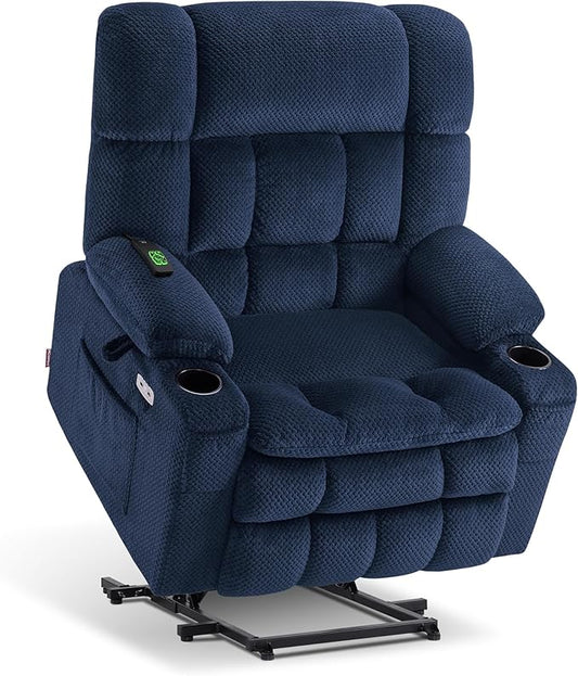 MCombo Dual Motor Power Lift Recliner Chair for Elderly, Lay Flat Lift Chair with Heat and Massage, Extra Wide Lift Recliner for Big People, Cup Holders, Fabric R7897 (Medium-Wide, Navy Blue)
