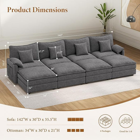 Vesgantti 142" Oversized Sectional Sofa Bed, 8-Seater Modular Sleeper Cloud Couch with Movable Ottoman, Chenille Convertible Sofa Set Deep Seat Couches for Living Room, Bedroom and Apartment, Gray